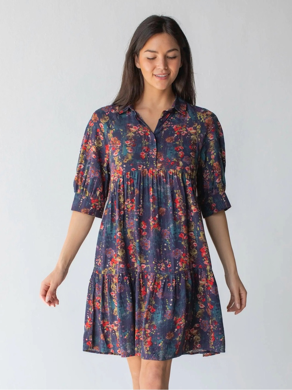 Natural Life Becca Tiered Mini Dress in Watercolor Indigo Floral Size XXL